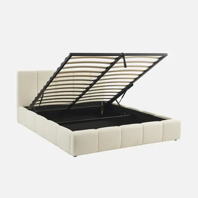 Immagine prodotto di Letto contenitore con rete a doghe e testiera 160x200cm, bouclé , Bianco