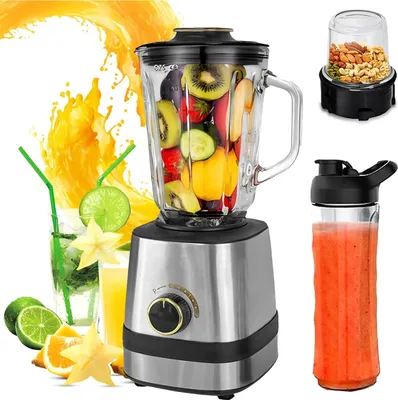 A collage of a blender with fruits, a smoothie in a bottle, and a grinder with nuts.