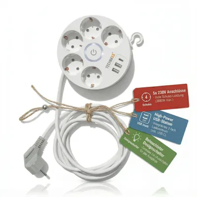 Produktbild von Technaxx TX-259 Kabeltrommel 5x 230V + 3x USB (USB-C) 3680W Mehrfachsteckdose Weiß