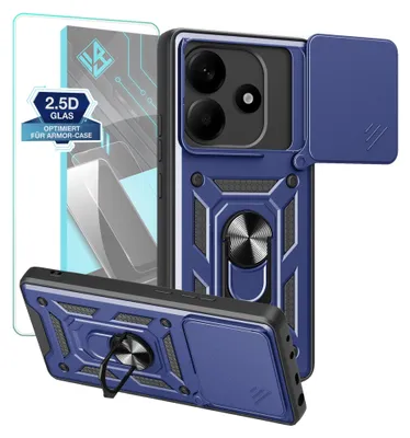 A blue phone case with a screen protector and a ring holder is displayed against a white background.