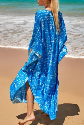 Produktbild von Kaftanjurk Damen, lange Vleermismouw, One Size, Tiedye Blau, Strandkleid