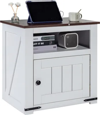 Produktbild von Beistelltisch Nachttisch mit USB Steckdose - Nachtschrank Weiß im Landhausstil - Funktionaler Designer Nachttisch
