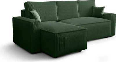 A green sectional sofa with a chaise lounge is shown against a white background.