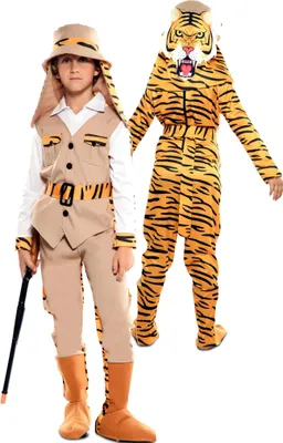 Dschungel Kostüm Wendekostüm Jäger & Tiger 2-in-1 Safari-Abenteuer für Kinder von Vorne und von Hinten