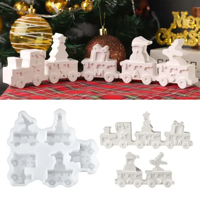 Produktbild von 5 Silikonformen für Weihnachtsdekorationen, darunter Züge, Rentiere und Weihnachtsmannfiguren; auch zum Gießen mit Gips oder Epoxidharz geeignet.