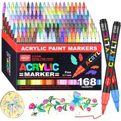 Zdjęcie produktu dla Markery akrylowe, 168 kolorów, wodoodporne, z wymiennymi końcówkami, do użytku na kamieniach, szkle, drewnie, ceramice, metalu i płótnie