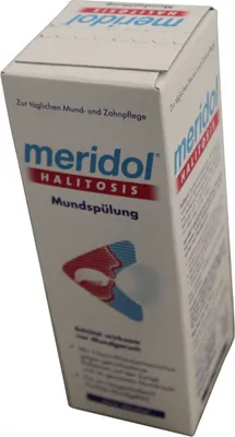 A product box for Meridol Halitosis mouthwash.
