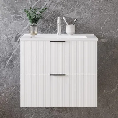Produktbild von 60cm Badmöbel Set Dünn Keramik Waschtisch mit Unterschrank Weiß Matt  Badezimmerschrank mit geriffelte Schubladentüren