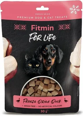 A product package for dog and cat treats, featuring images of a dog and a cat, and the product itself in a bowl.