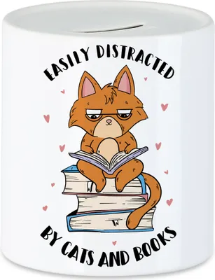 Produktbild von Easily distracted by cats and books Spardose Bücherliebhaber Katzenfreunde süße Katze Bücherwurm lesen