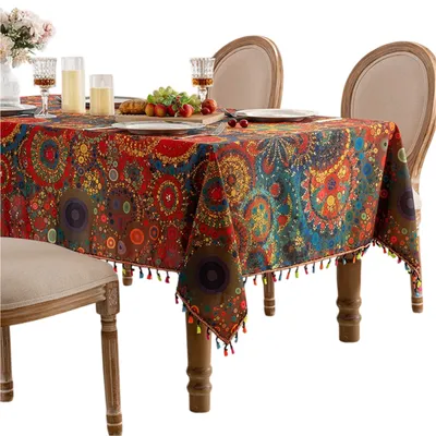 Produktbild von Boho Tischdecke mit Quaste, Wasserdichte Vintage Bunt Rechteckig Tischdecke, 120x180cm