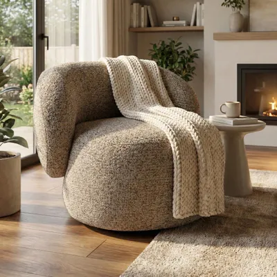 Produktbild von Drehsessel MAO 360° drehbar - Moderner Komfortsessel Relaxsessel Lesesessel mit Chenille Bezug, Drehbarer Design Sessel in Braun