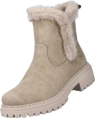 A single beige winter boot with cream-colored faux fur trim is shown against a white background.