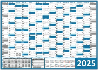 Produktbild von Wandkalender / Wandplaner 2025 blau (gerollt) DIN A1 Format (594 x 841 mm) 14 Monate, komplette Jahresvorschau Folgejahr und Ferientermine / Feiertage aller Bundesländer