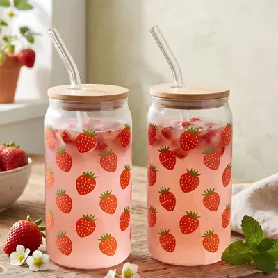 Produktbild von 2er Set Trinkglas 500ml Erdbeere Glas-Strohhalm Bambusdeckel Trinkbecher Sommer