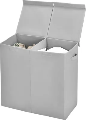 Produktbild von kosz na pranie 115 l, 2 komory z pokrywą, dzielony kosz na pranie z uchwytami, sortownik prania z polaru do pralni, łazienki (szary)