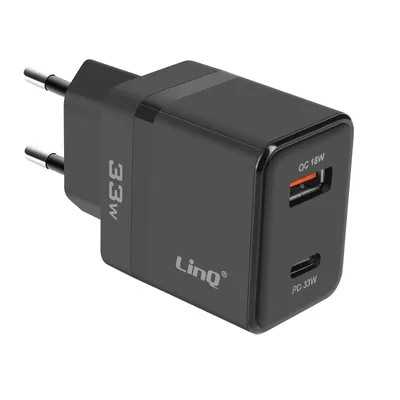 Immagine prodotto di LinQ, adattatore di alimentazione USB-C 33W + USB 18W a ricarica rapida dal design compatto, nero