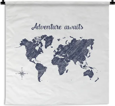 Produktbild von MuchoWow® Wandteppich Wandbehang Weltkarte - Zitat - Blau 150x150 cm Tapisserie Dekoration Wandtuch - Wohnaccessoires - Modernes