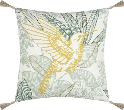 Zdjęcie produktu dla STOF | Poduszki na sofę - Poduszki dekoracyjne - BOTANYS GOLD - 40x40 cm - Elegancki ptak - Botaniczny wzór z frędzlami