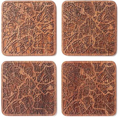 Immagine prodotto di Sottobicchieri in legno con mappa della città, set da 4 pezzi, realizzati a mano, in sapelli