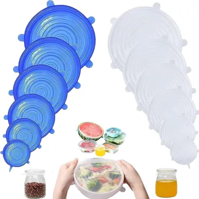 Produktbild von Silikon-Deckel für Lebensmittel, 6 Größen, für Joghurttöpfe, Mikrowelle und Blechdosendeckel, 12 Stück, Weiß / Blau