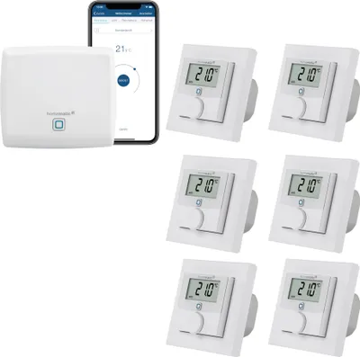Produktbild von Homematic IP kabelgebundene Fußbodenheizungssteuerung zur Einzelraumregelung in 6 Räumen. Inhalt: Access Point und 6 digitale Raumthermostate mit Schaltausgang. Mit App und Alexa kompatibel.