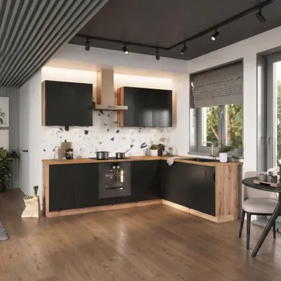 Produktbild von Winkelküche 200x260 cm Schwarz Matt - mit brauner Arbeitsplatte - MDF - moderne Eckküche - Schubladen mit Soft-Close - ISABEL