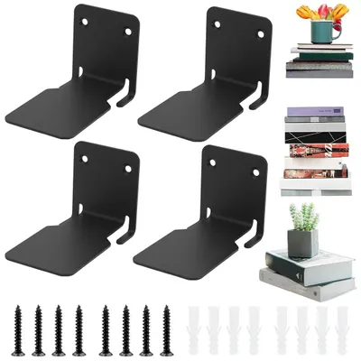 Produktbild von Bücherregal Set, 4 unsichtbare schwarze Wandregale aus robustem Eisen, 30x20 cm, für Büro und Wohnzimmer