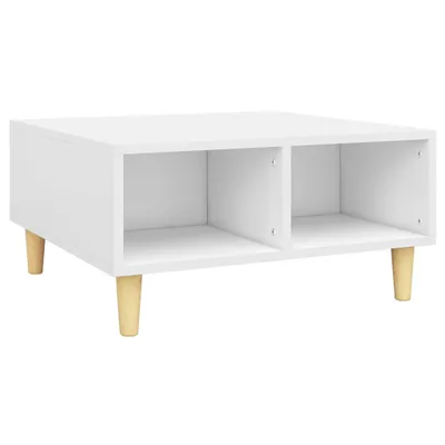A white coffee table with two open compartments and four wooden legs, shown against a white background.