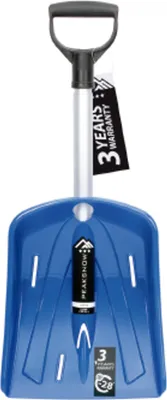 A blue snow shovel with a gray handle and a black grip, shown against a white background.