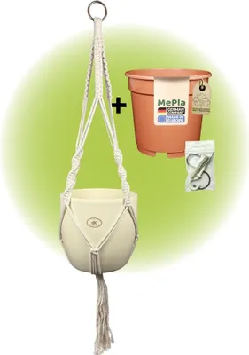 Produktbild von MePla - Set - Ampel Makramee Naturbeige - Basel ø19 Perlmutt + Kulturtopf ø18 + Beipack-Set 21550-001
