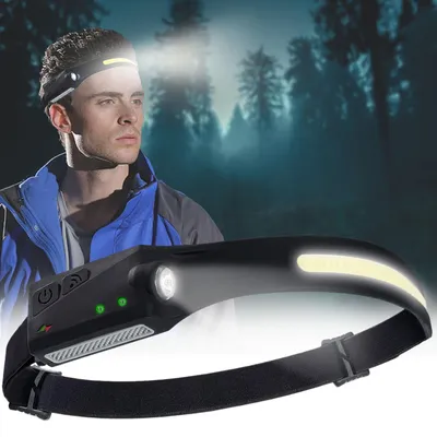 Produktbild von Superhelle COB-LED Stirnlampe mit 230° Weitwinkel – Kopflampe 350lm mit Gestensteuerung, inkl. 2 Lichtquellen für Handwerk & Outdoor