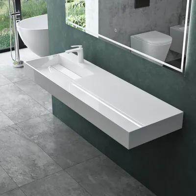 Produktbild von Mai & Mai Aufsatzwaschbecken Hängewaschbecken BxTxH：150x48x13cm in weiß aus Mineralguss ohne Überlauf Col12-Links