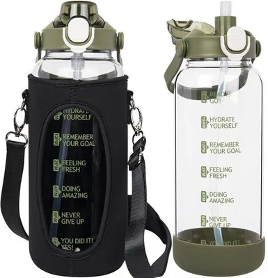 Productafbeelding van 1.5L Glazen Waterfles met Rietje en Motivatie Tijdmarkeringen