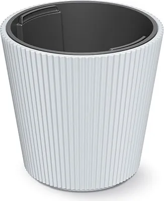 A white ribbed planter with a dark gray inner liner, shown from a slightly elevated angle against a white background.