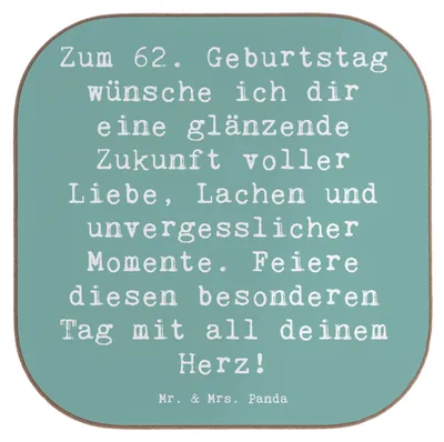 Produktbild von Mr. & Mrs. Panda Untersetzer für Gläser Spruch 62. Geburtstag Glänzende Zukunft - Meeresbrise - Geschenk, Geburtstagsparty, Tassen, Erfahrung, unterleger, 62 Jahre, Tasse