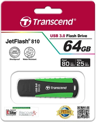 Produktbild von Transcend JetFlash 810 64GB USB 3.0, 64 GB, USB Typ-A, 3.2 Gen 1 (3.1 Gen 1), 80 MB/s, Kappe, Schwarz, Grün