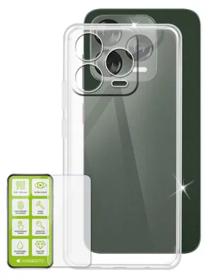 A transparent phone case and screen protector are shown next to a dark green smartphone.