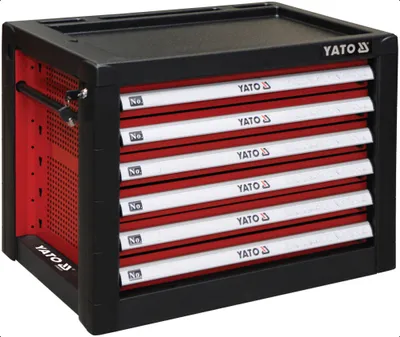 A black and red Yato tool chest with multiple drawers is shown against a white background.