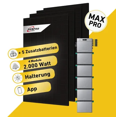 Produktbild von 2000 Watt, Bifazial Komplettset, Balkonkraftwerk, Zendure Solarflow 2400 Pro, 5 x AB3000L Zusatzbatterien, Halterung Blechdach vertikal