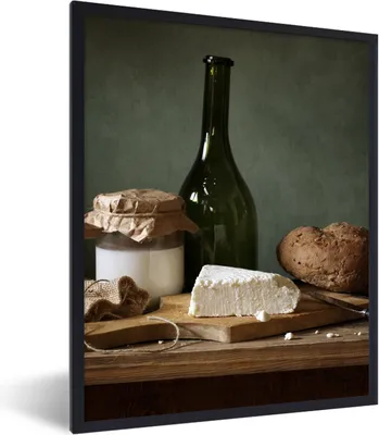 Produktbild von MuchoWow® Gerahmtes Poster Rustikal - Brie - Stillleben - Flasche - Brot 60x80 cm - Poster mit Schwarzem Bilderrahmen Wandposter Rahmen Foto Bilder - Premium - Wanddeko Wohnzimmer