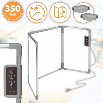 A foldable infrared desk heater shown in an open, angled position, with marketing icons and accessories depicted above.
