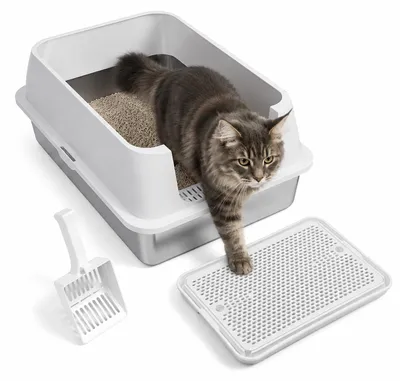 Zdjęcie produktu dla Peviasot, kuweta dla kota ze stali nierdzewnej, model XXXL, wymiary: 71 x 51 x 30 cm, otwarta, z wysokim brzegiem zapobiegającym rozsypywaniu żwirku, z matą antypoślizgową i łopatką do żwirku, przeznaczona dla dużych kotów, kolor: biały