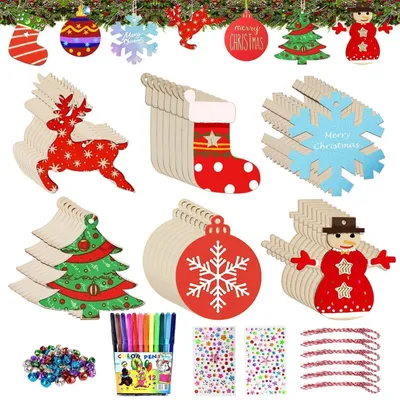 Produktbild von Holzanhänger Weihnachten Bastelset 48 Stück zum Bemalen DIY Deko mit Stiften & Schnüren