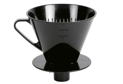 A black plastic coffee filter cone with a handle.