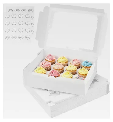 Produktbild von 20 Stück weiße Cupcake-Box für 12 Stück, Muffin-Box mit Aufklebern, 12 Löcher Cupcake-Transportbox für Kuchen-Dekoration, Hochzeiten und Feiern