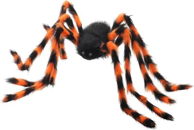 Produktbild von Riesige Halloween-Spinne in Orange (149 cm) – Realistisch gestaltete Spinnwebe mit leuchtend roten Augen