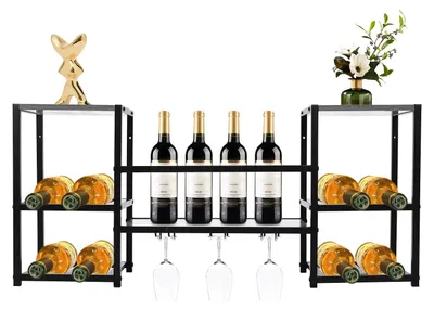 Obrázek produktu pro Stojan na víno/lahve – montáž na zeď/podlahu – 3 úrovně – držáky na sklenice na víno – stabilní konstrukce z MDF a železa – pro domácí bar a kuchyň