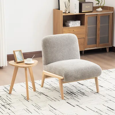 Obrázek produktu pro MODFU Relaxační křeslo s opěradlem, čalouněné křeslo z chenille látky kombinované s dřevěným rámem, vhodné do obývacího pokoje, šedá