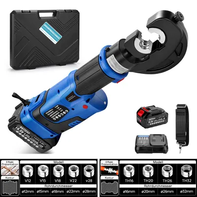 Image de Pince hydraulique pour tubes en cuivre, avec batterie LCD, 2 batteries de 4,0 Ah, 9 matrices de sertissage V 12-28 et TH 16-32, outil de sertissage pour tubes en cuivre, couleur bleue